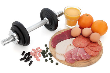 Image showing Body Building Equipment and Food