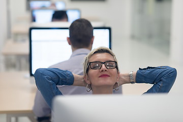 Image showing startup business, woman  working on desktop computer