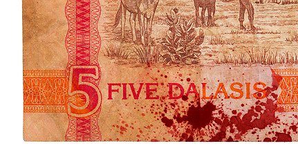 Image showing 5 Gambian dalasi bank note, bloody