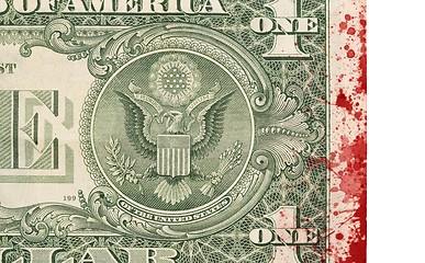 Image showing US one Dollar bill, close up, blood