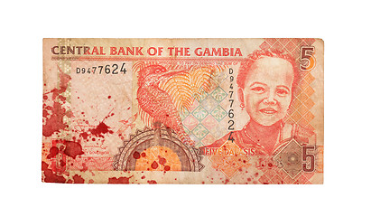 Image showing 5 Gambian dalasi bank note, bloody