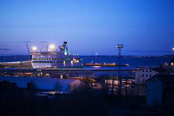 Image showing Night view of a docked cruise liner