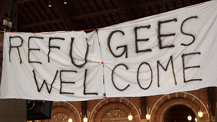 Image showing Handmade Banner Refugees Welcome