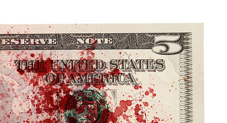 Image showing US five Dollar bill, close up, blood