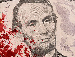 Image showing US five Dollar bill, close up, blood