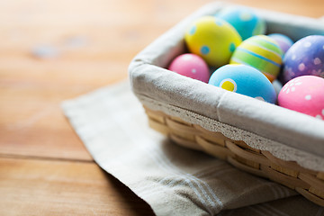 Image showing close up of colored easter eggs in basket