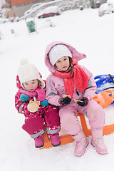 Image showing portrait of two little grils sitting together on sledges