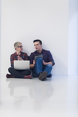 Image showing startup business, couple working on laptop computer at office