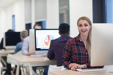 Image showing startup business, woman  working on desktop computer