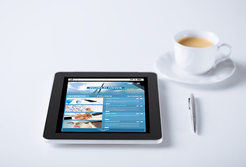 Image showing tablet pc with world news web page and coffee