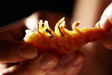 Image showing Shrimp in hands. Horizontal shot.