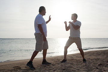 Image showing Two men having boxing training on the beach