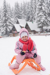 Image showing little girl sitting on sledges