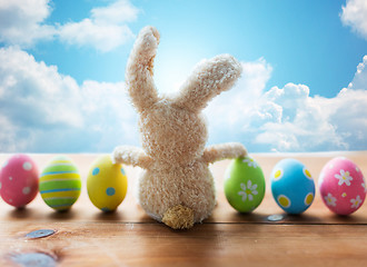 Image showing close up of colored easter eggs and bunny