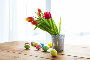 Image showing close up of easter eggs and flowers in bucket