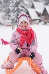 Image showing little girl sitting on sledges