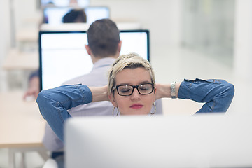 Image showing startup business, woman  working on desktop computer