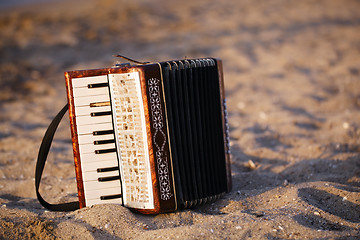 Image showing Accordian on a sandy beach