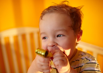 Image showing Portrait of the boy playing in playpen.