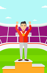 Image showing Athlete with medal and hands raised.