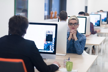 Image showing startup business, woman  working on desktop computer