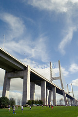 Image showing Soccer By the bridge