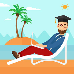 Image showing Graduate lying on chaise lounge with laptop.