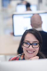 Image showing startup business, woman  working on desktop computer