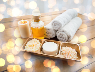 Image showing close up of soap, himalayan salt and scrub in bowl