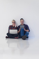 Image showing startup business, couple working on laptop computer at office