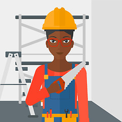 Image showing Smiling worker with saw.