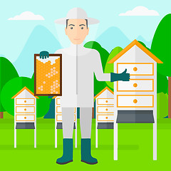 Image showing Bee-keeper at apiary.