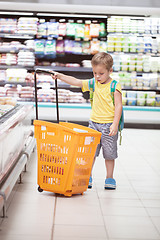 Image showing Little boy with big shopping cart in the store