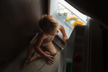 Image showing Little boy sitting near open fridge at night