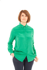 Image showing Portrait of adult woman in green blouse looking up