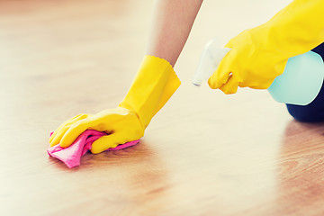 Image showing close up of woman with rag cleaning floor at home