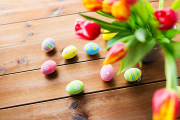 Image showing close up of easter eggs and flowers in bucket