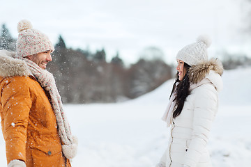 Image showing happy couple walking over winter background