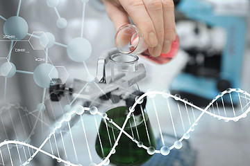 Image showing close up of scientist filling test tubes in lab