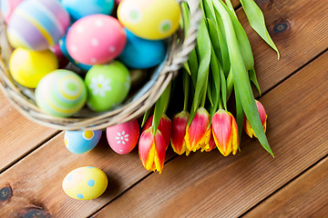 Image showing close up of easter eggs in basket and flowers