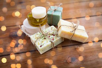 Image showing close up of handmade soap bars on wood