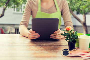 Image showing close up of woman or gardener holding tablet pc