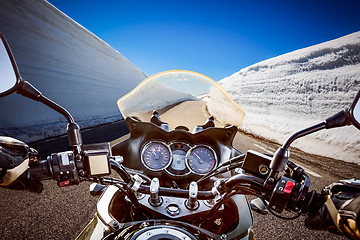 Image showing Biker First-person view, mountain serpentine.