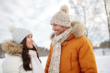 Image showing happy couple walking over winter background