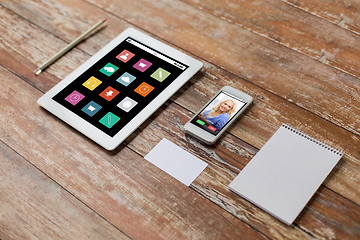 Image showing close up of notebook, tablet pc and smartphone