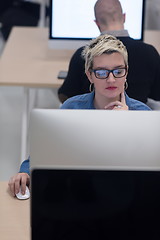 Image showing startup business, woman  working on desktop computer