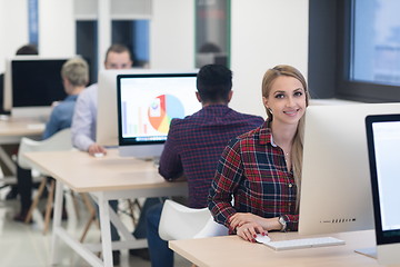 Image showing startup business, woman  working on desktop computer