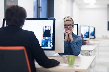 Image showing startup business, woman  working on desktop computer