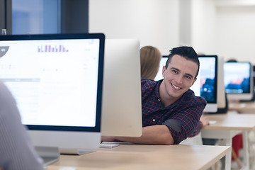 Image showing startup business, software developer working on desktop computer