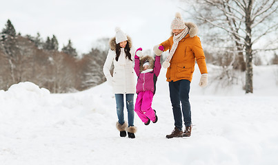 Image showing happy family in winter clothes walking outdoors